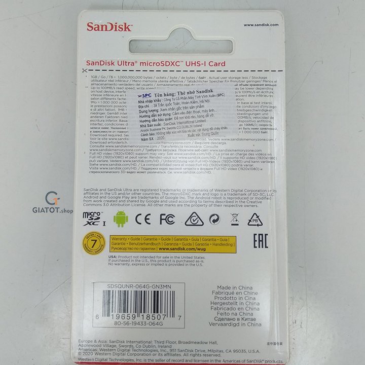 Thẻ nhớ 64Gb SanDisk Ultra Class 10 100Mb/s chính hãng