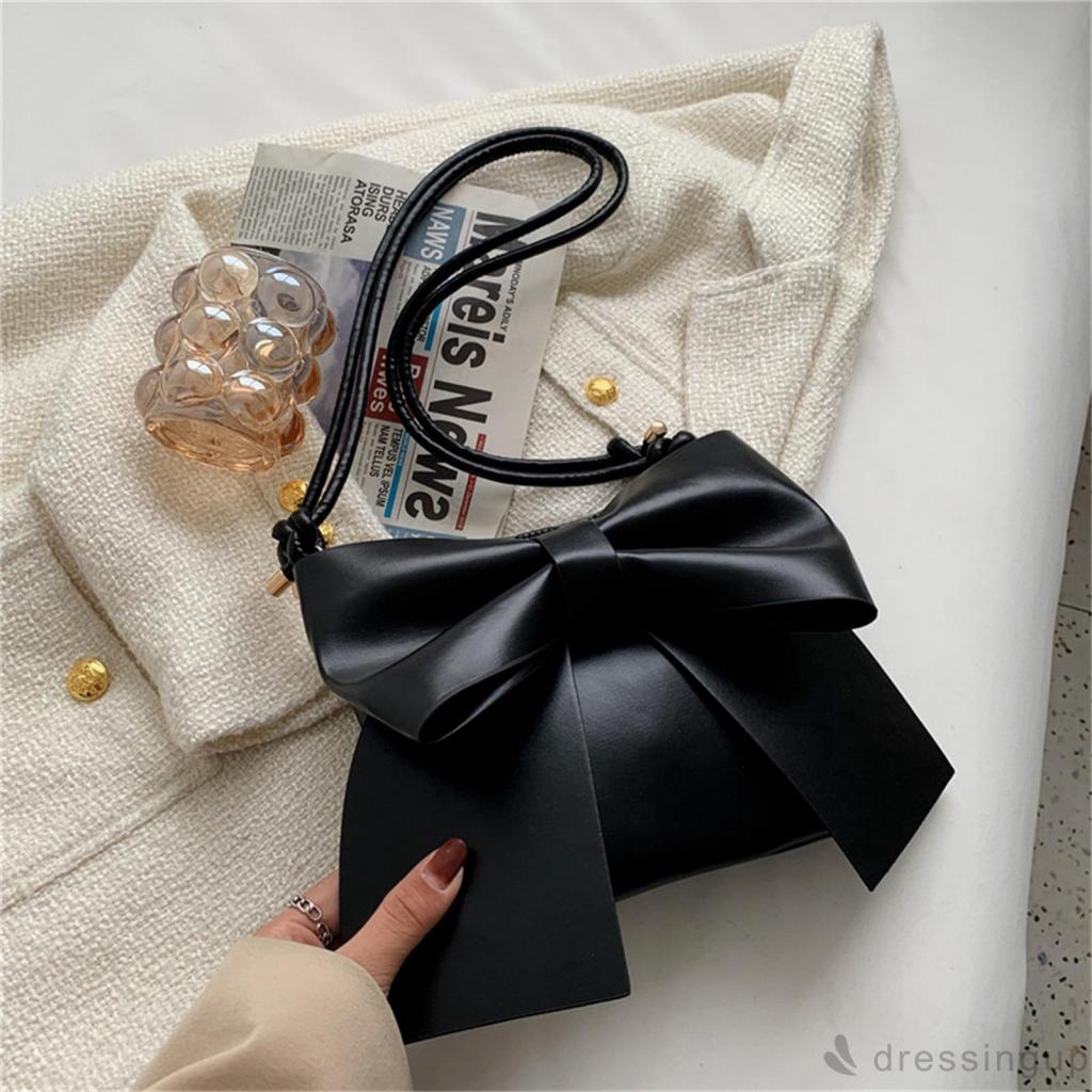 DRE-Female Shoulder Bag, Multipurpose Solid Color Bowknot Handbag Tote Bag for Women, White/Blue/Black