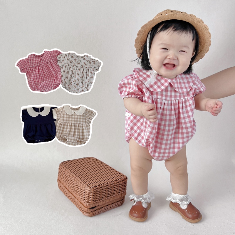 Bộ Áo Liền Quần Tay Ngắn Cổ Búp Bê Họa Tiết Kẻ Ô Cho Bé Gái