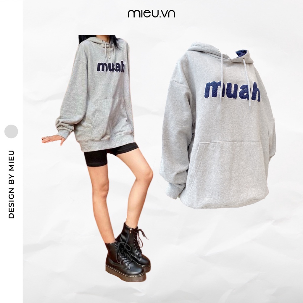 Áo hoodie chui đầu có nón chữ nổi Muah MIEU - HN12