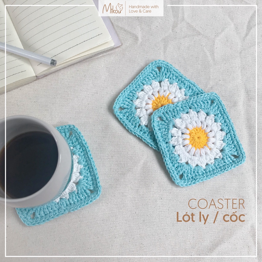 Lót ly, lót cốc cotton dễ thương handmade, thấm hút nước tốt, mikou shop