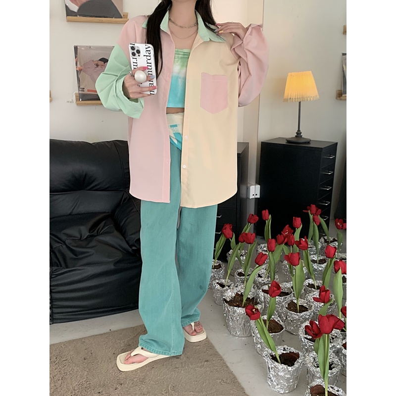 Áo sơ mi chống nắng chất mỏng tay dài phối màu tương phản thời trang phong cách Hàn Quốc cho nữ