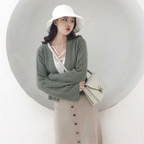 Spring and autumn new Korean women's clothing short solid languid style with knitted cardigan sweater and flared sleeve jacket