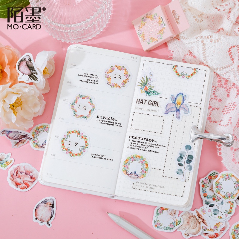 Hộp 46 Nhãn Dán Thung Lũng Hoa Và Chim Trang Trí Sổ Tay Bullet Jounal Sticker Dán Mo Card
