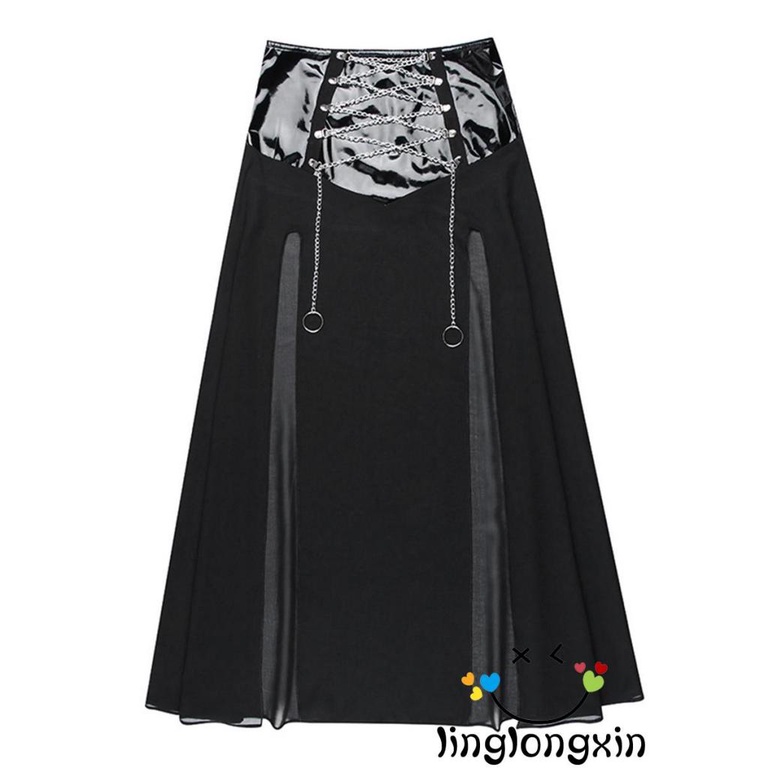 Linglongxi2-đầm Lưới Dáng Dài Phối Dây Xích Đan Chéo Phong Cách Gothic Thời Trang Mùa Hè Cho Nữ
