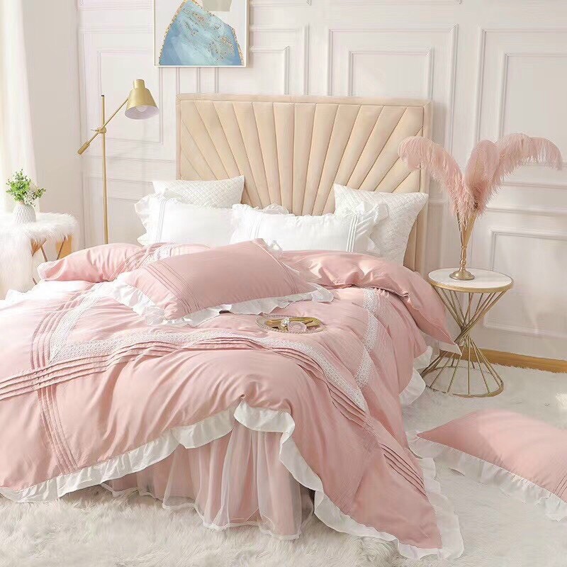 Bộ Chăn Ga Gối Cotton Lụa Bèo Ren Công Chúa Hàng Nhập Khẩu Cao Cấp 4 Món 4 Màu Nhẹ Nhàng