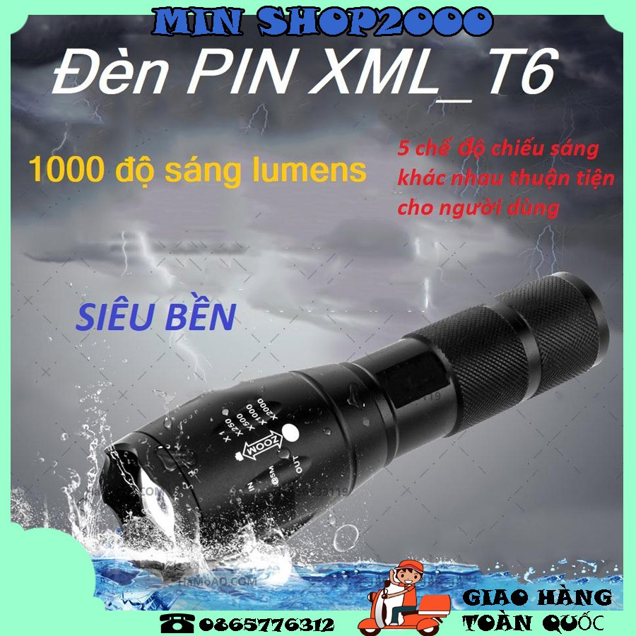 Đèn pin siêu sáng, Đèn PIN XML_T6 chất liệu hợp kim nguyên khối, chống nước hoàn hảo - HÀNG TỐT GIÁ GỐC