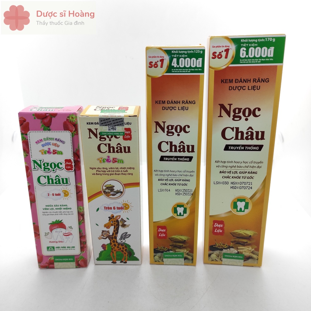 Kem Đánh Răng Dược Liệu Ngọc Châu 125g,170g,Trăng Răng, Trẻ Em 2-6 tuổi, Trên 6 tuổi