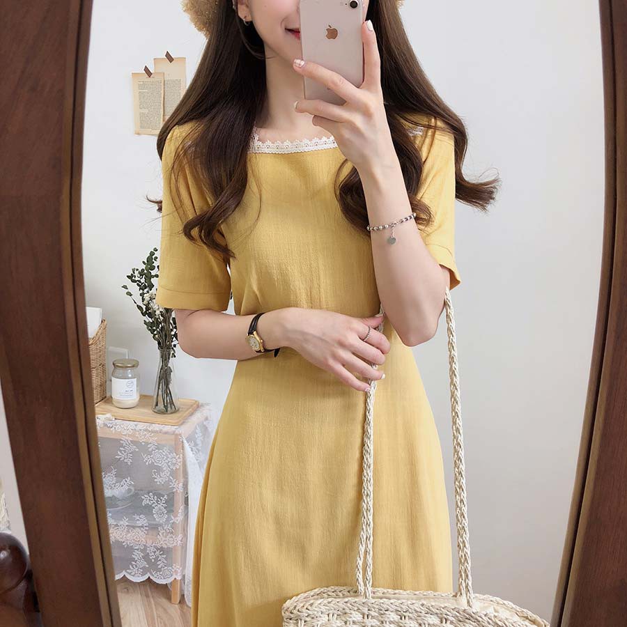 Váy Vintage - Đầm Nữ Cổ Vuông Phối Ren 4 Màu Đơn Giản