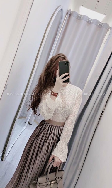 Chân váy xếp ly lụa bóng, nhung phối voan lưới mặc 2 mặt - hàng Quảng Châu