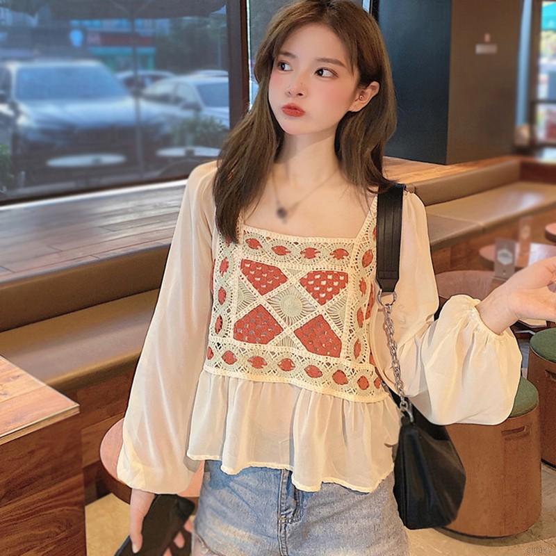 Áo kiểu vải voan tay phồng dài phong cách Hàn Quốc xinh xắn cho nữ