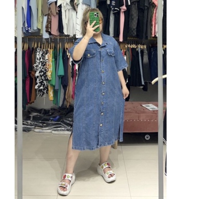 Đầm Sơ Mi Jeans dáng xuông xẻ 2 bên ( có túi sườn )