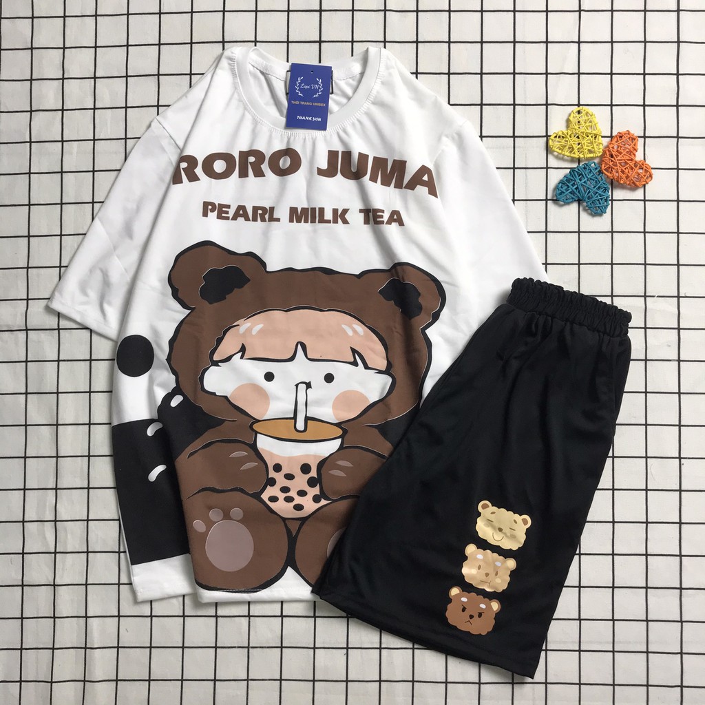 Sét Bộ Đồ Hoạt Hình Nam Nữ Cartoon Unisex In 3D Khủng Long Uống Trà Sữa Mặc Ở Nhà Xinh Cute Mix Quần Đùi Kaki Phong Cách