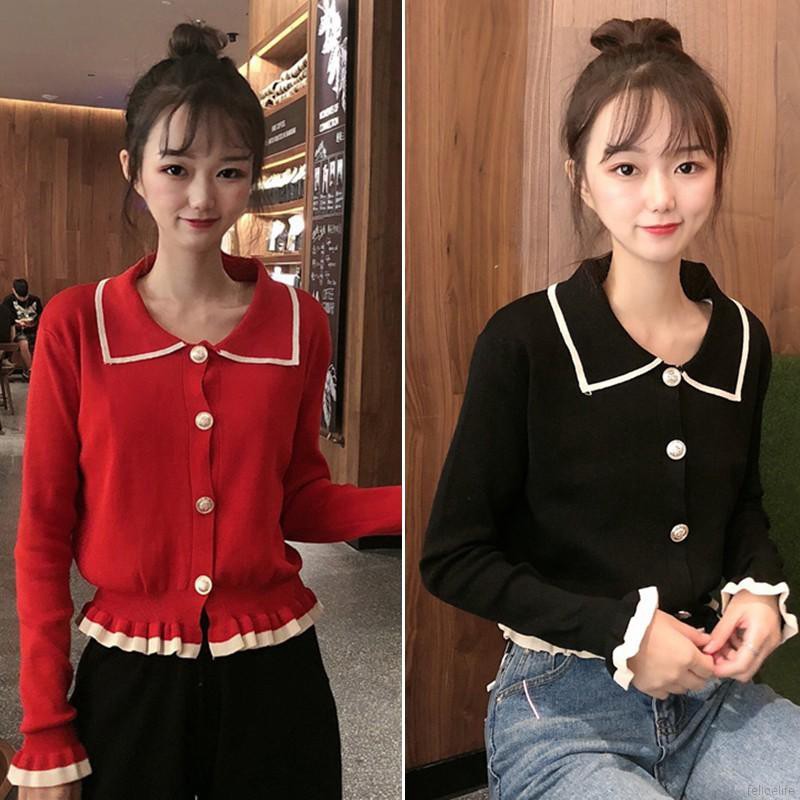 Áo cardigan có hàng nút đơn phối nhún bèo màu sắc thời trang