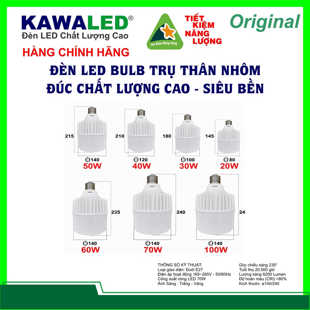 ĐÈN LED BULB TRỤ THÂN NHÔM 20W/30W/40W/50W/65W/70W/100W