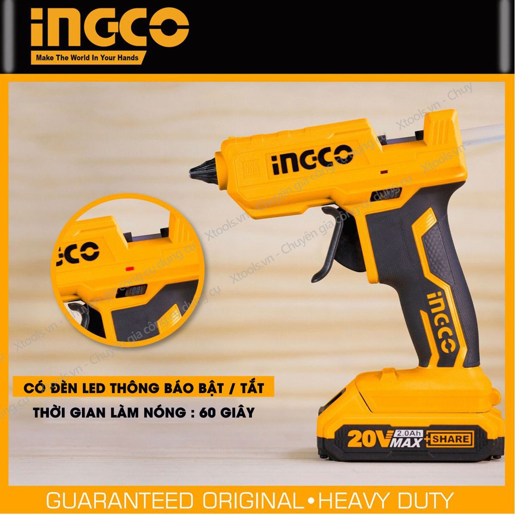 Súng bắn keo nến INGCO CGGLI200 pin 20V, máy bắn keo cầm tay k bao gồm pin và sạc, được tặng kèm theo 2 cây keo 11.2mm