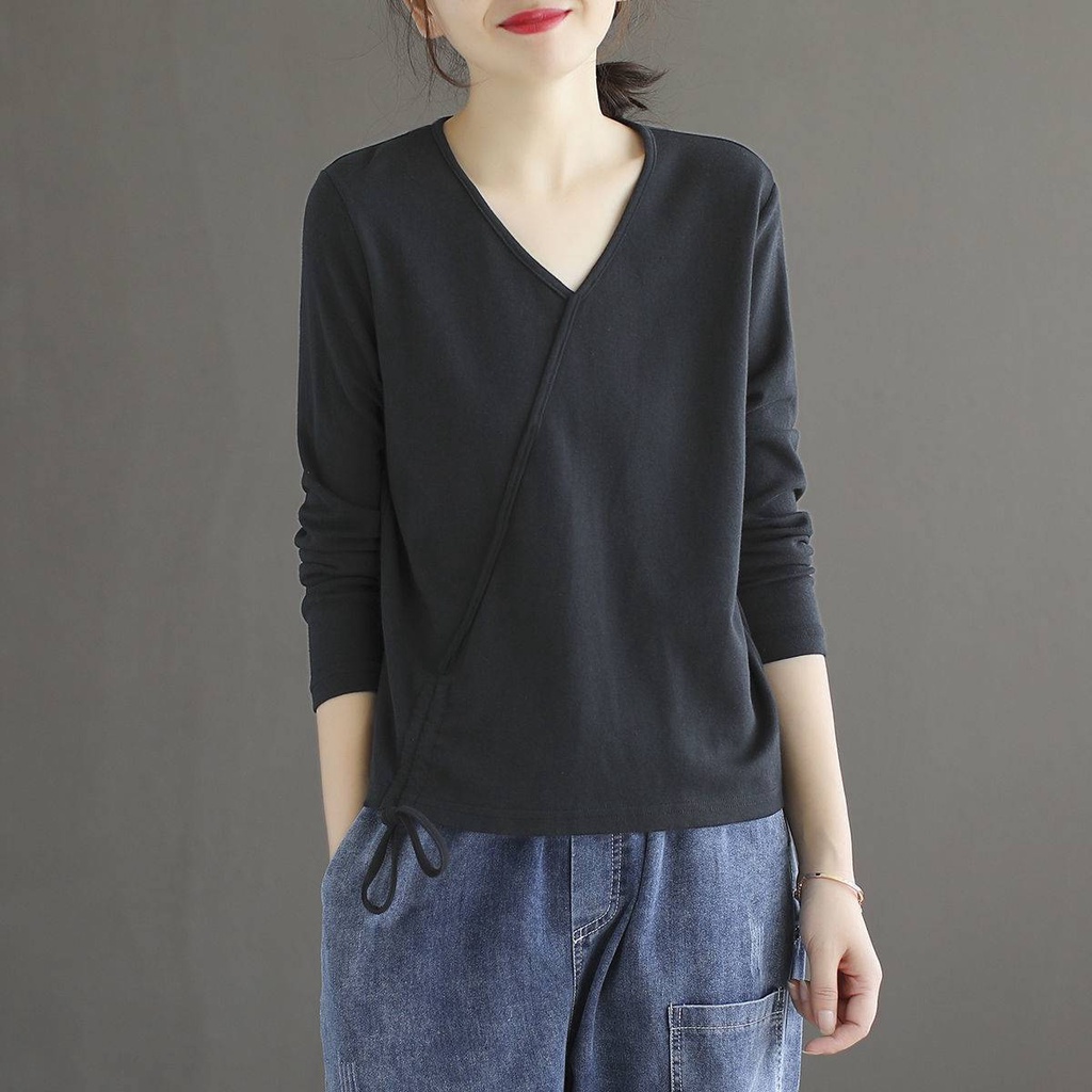 Áo Thun 100% Cotton Tay Dài Cổ Chữ V Màu Sắc Retro Dành Cho Nữ