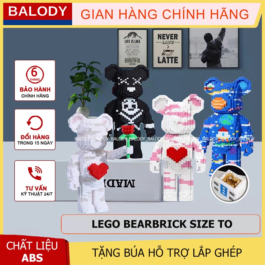 Lego mô hình gấu Bearbrick có ngăn, size lớn 36cm thương hiệu BALODY tặng kèm búa lắp ráp