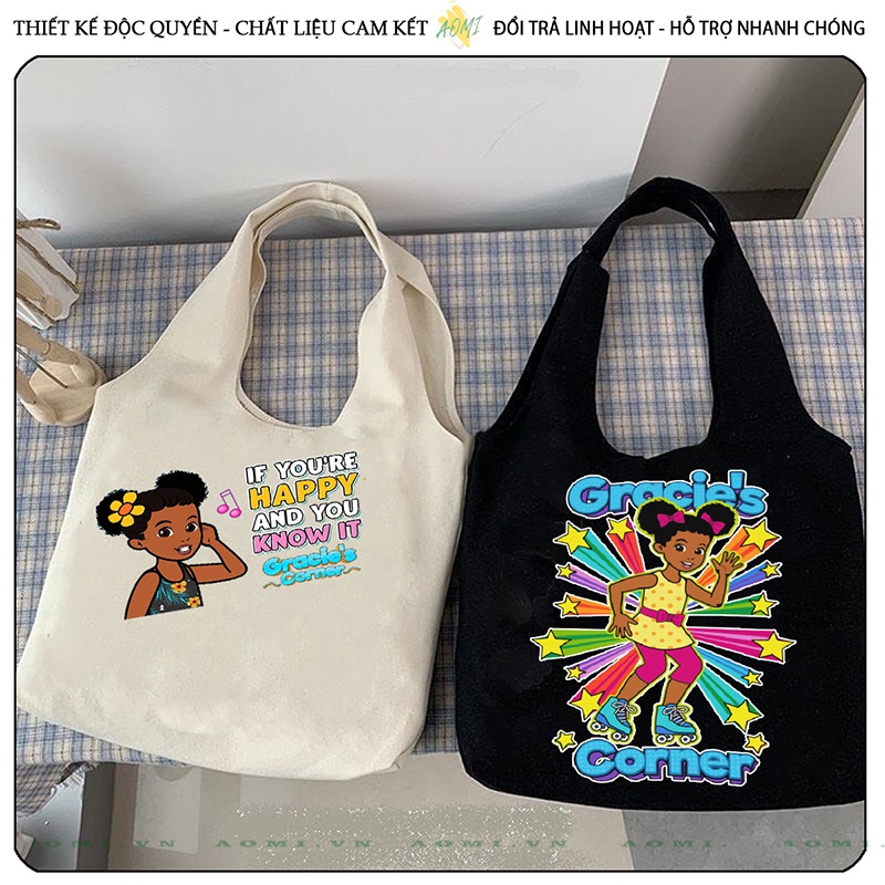 TOTE CANVAS phonics song gracie's corner FORM TRÒN TÚI VẢI ĐEO VAI BAG NÚT BẤM SIZE LỚN AOMIVN DU LỊCH DẠO PHỐ CÁ TÍNH