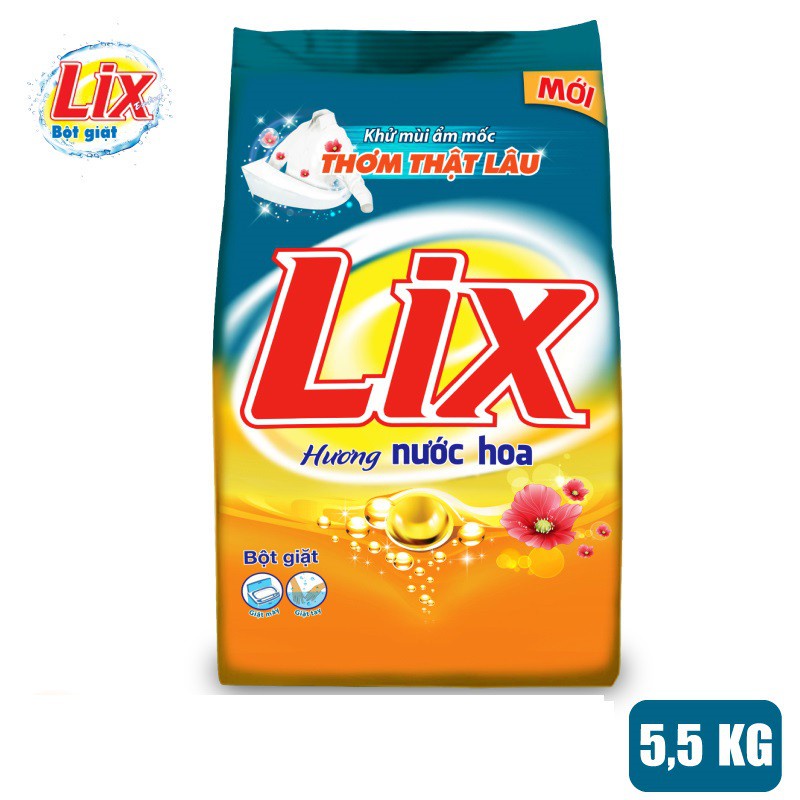 Bột giặt Lix đậm đặc hương nước hoa thơm mát 5,5 Kg PD575 giúp loại bỏ ẩm mốc làm sạch mọi vết bẩn cứng đầu giữ quần áo