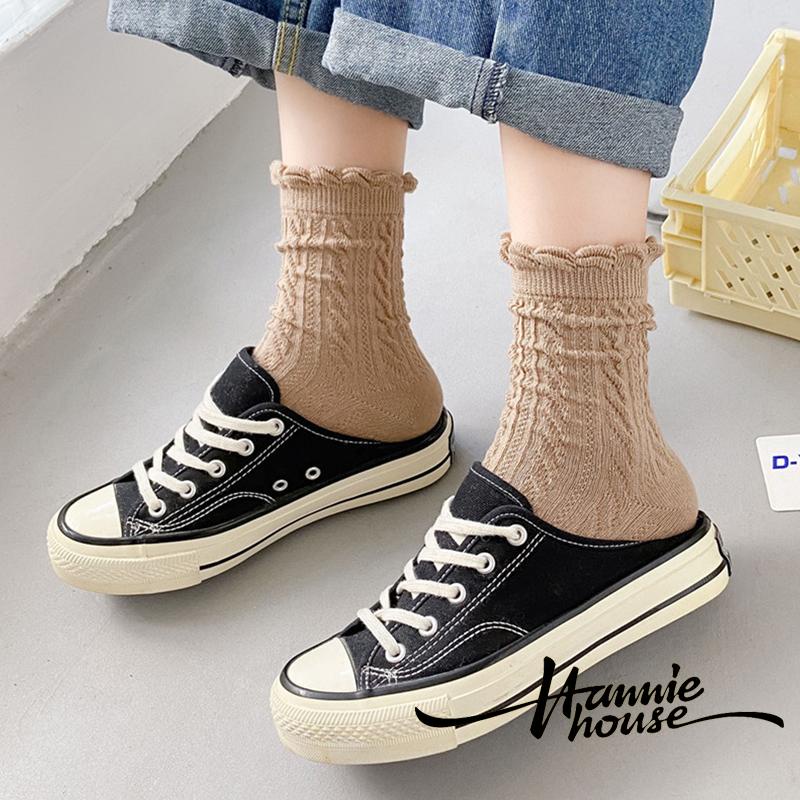Tất cotton ống vừa phối ren thời trang thu đông nhiều màu sắc