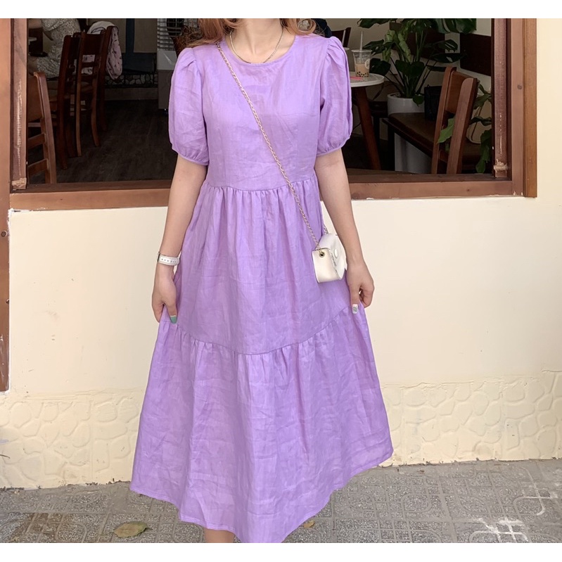 Đầm linen tầng màu tím