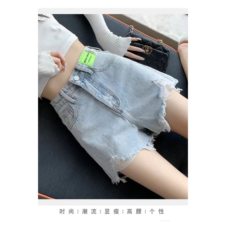 AMOI Quần Short Denim Lưng Cao Ống Rộng Phối Rách Thời Trang 2022 Cho Nữ