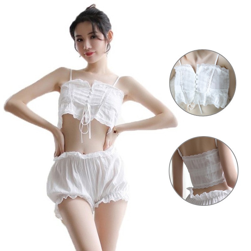 1199-Đồ ngủ sexy nữ 2 dây Bộ ngủ hai dây Set ngủ vải đũi mỏng màu trắng gợi cảm | BigBuy360 - bigbuy360.vn
