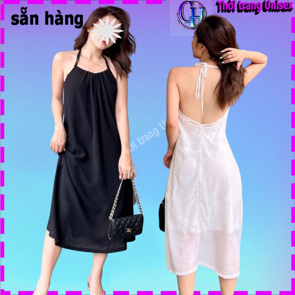 Maxi Đi Biển Hai Tầng Hở Lưng Sang Chảnh, kèm video hình ảnh thật đầm voan 2 lớp cổ yếm cột luồng dây váy suông nữ m01