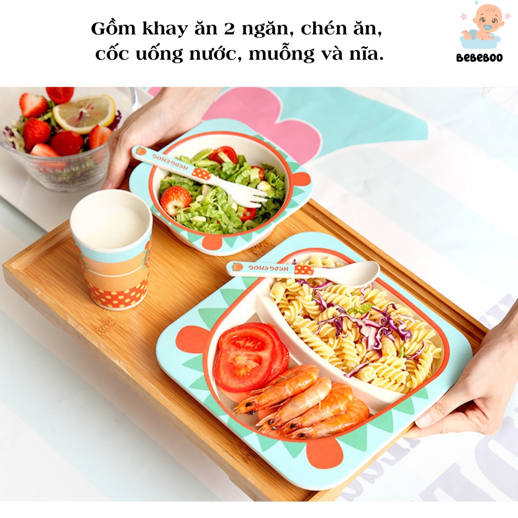 Set khay ăn dặm 5 chi tiết bằng sợi tre gồm khay, bát, cốc, thìa, niĩa cho bé cưng