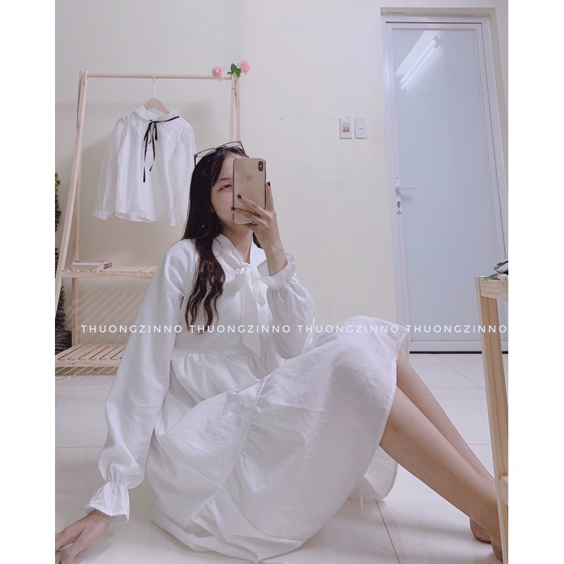 [Ảnh thật/Video] Váy babydoll trắng nơ cổ phong cách ulzzang Váy trắng tiểu thư 2 lớp | BigBuy360 - bigbuy360.vn