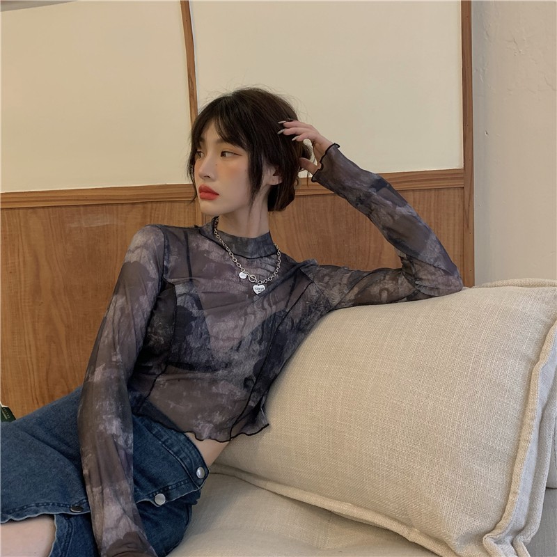 Cocory vn Áo Thun Tay Dài Xuyên Thấu Họa Tiết Màu Nhuộm Gợi Cảm Thời Trang Cho Nữ