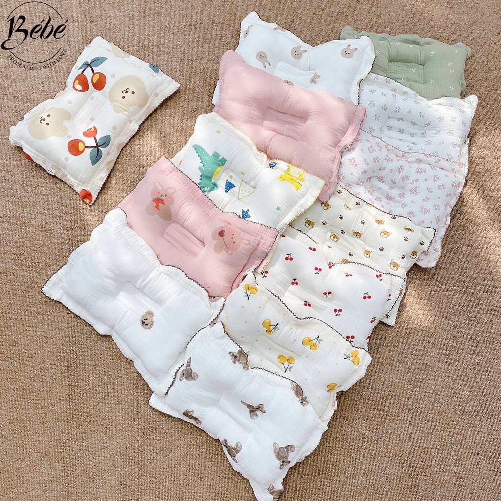 Gối xô lõm vải Muslin cao cấp chống méo đầu, chống trào ngược cho bé 40x25cm