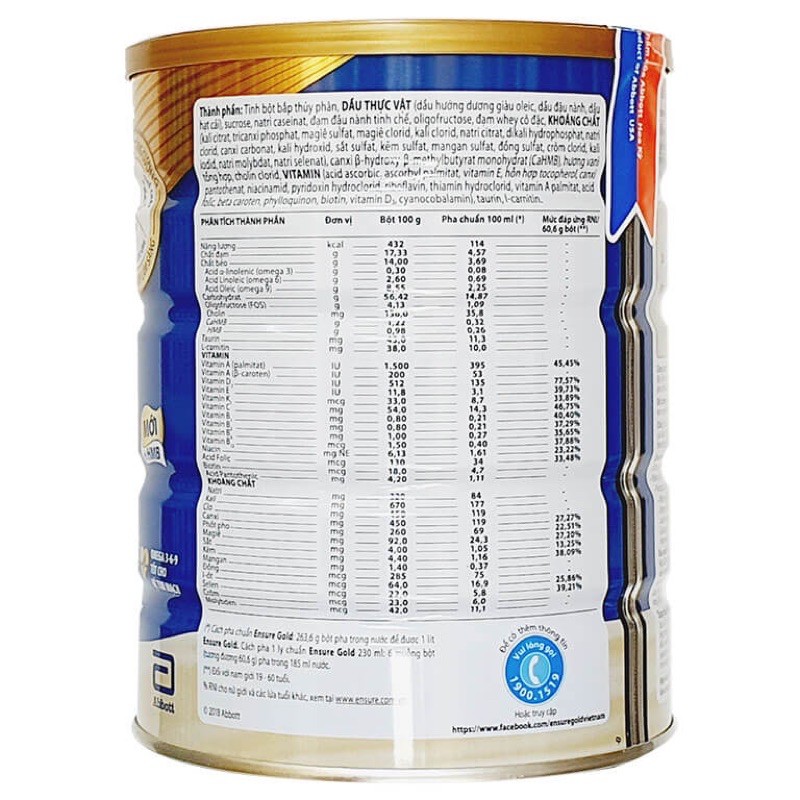 Sữa Bột Ensure Gold HMB Hương Vani Hộp 850g