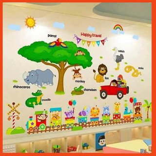 Combo decal dán tường cho bé tàu hỏa và vườn thú tiếng anh