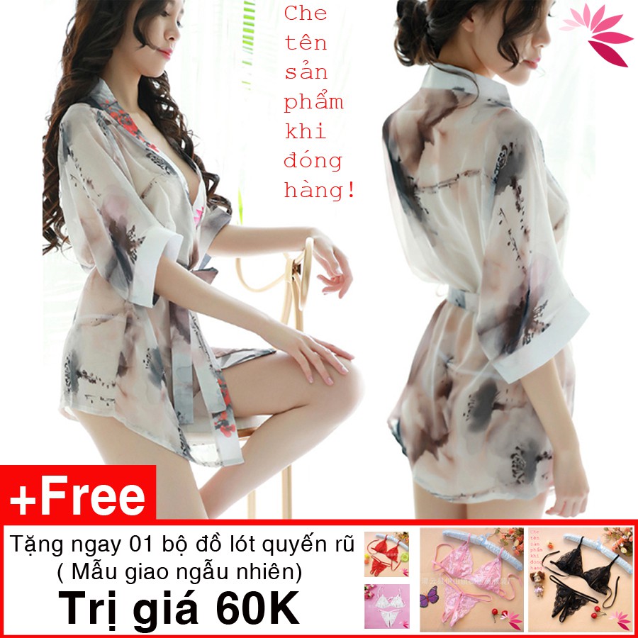 Váy , áo choàng ngủ Kimono Chiffon sexy, voan hoa trong suốt tặng kèm 3 mặt nạ - AN2