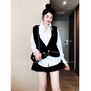 set áo len gile kèm áo sơ mi cho nữ