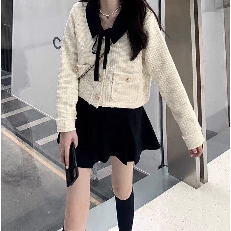 Set Áo Dạ Tweed Trắng Mix Chân Váy Dạ Xếp Li (Hàng QC Loại 1) Set Dạ Quảng Châu Đẹp