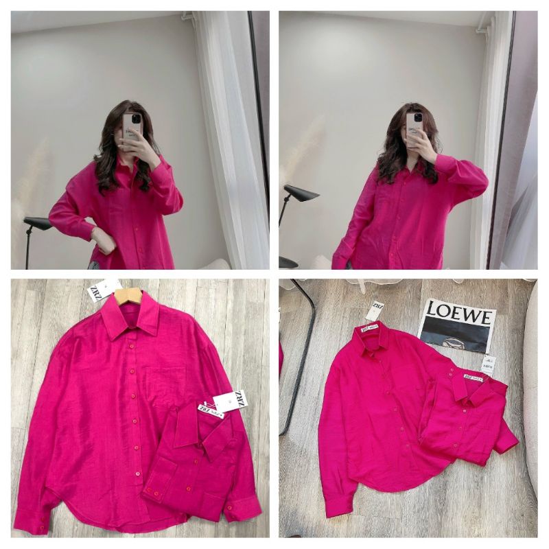 Áo sơ mi hồng tím style Hàn Quốc đủ size SML (40-62kg). Áo sơ mi nữ form rộng có túi trẻ trung năng động. (có buôn sỉ)