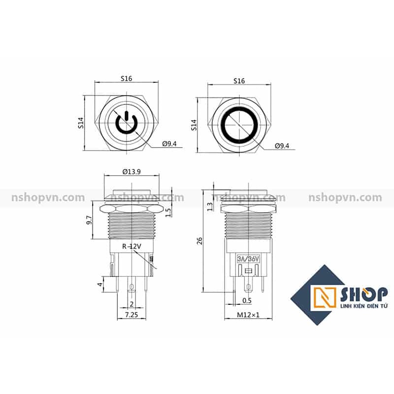 Nút nguồn kim loại 12mm Trắng / Đỏ / Vàng / Xanh lá / Xanh dương