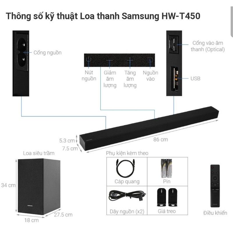 Loa Thanh SAMSUNG HW - T450 - 2.1ich - 200W Model 2020 Hàng Chính Hãng Nguyên Seal Full Box (BH 12 Tháng Tại Hãng)