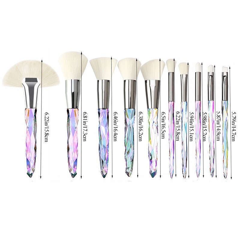 Set 10 Cọ Trang Điểm Kabuki Cán Pha Lê Trong Suốt
