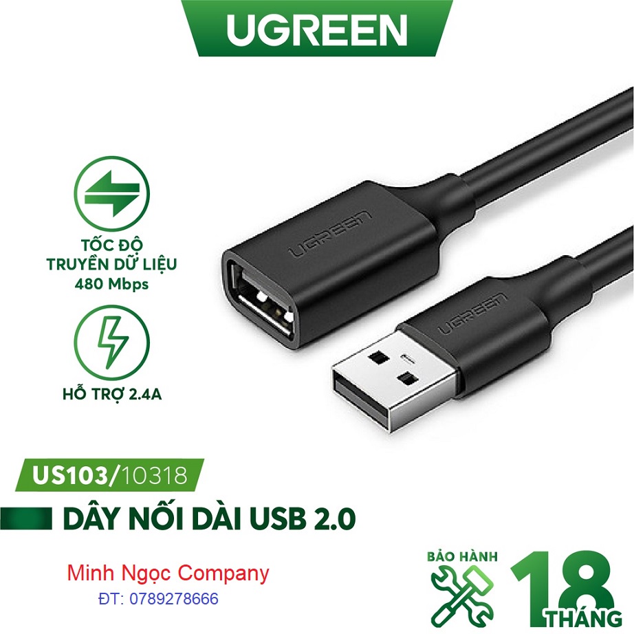 Dây nối dài USB 2.0 UGREEN US103 dùng cho PC, Laptop, Macbook dài từ 0,5-5M - Hàng Chính Hãng