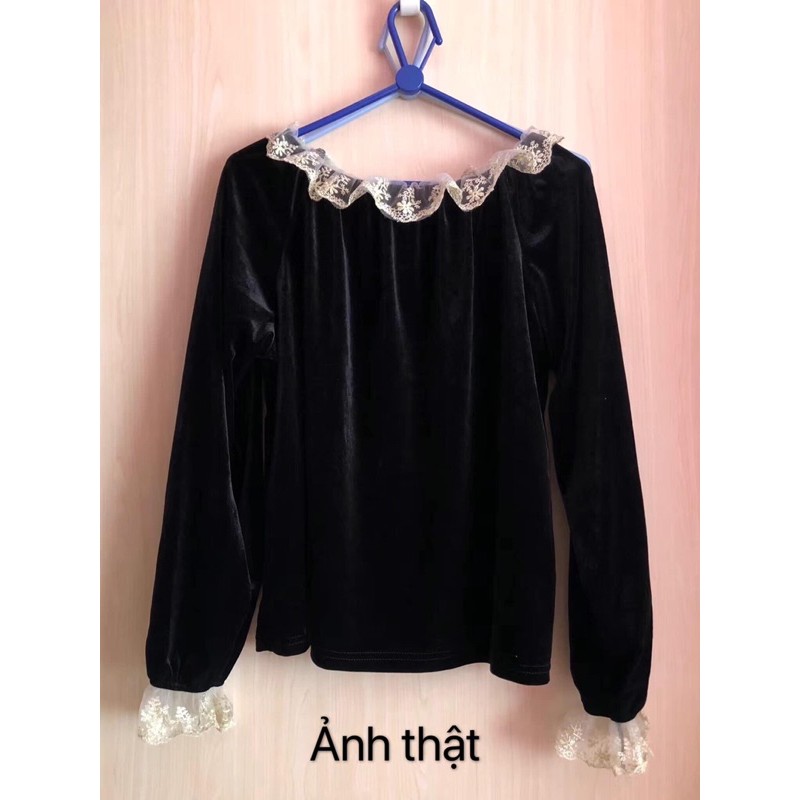 Áo nhung đen cổ bèo ren tay ren tiểu thư hàng QC