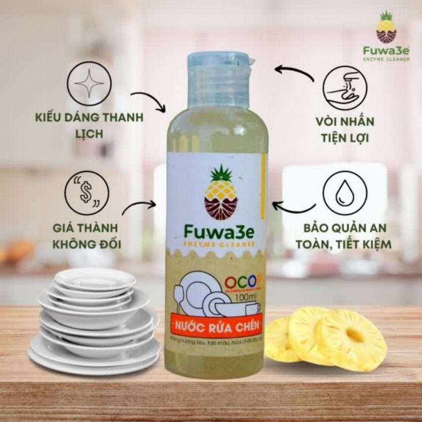 Nước rửa bát hữu cơ Fuwa3e organic Enzyme sinh học 100ml an toàn cho bé bảo vệ da tay