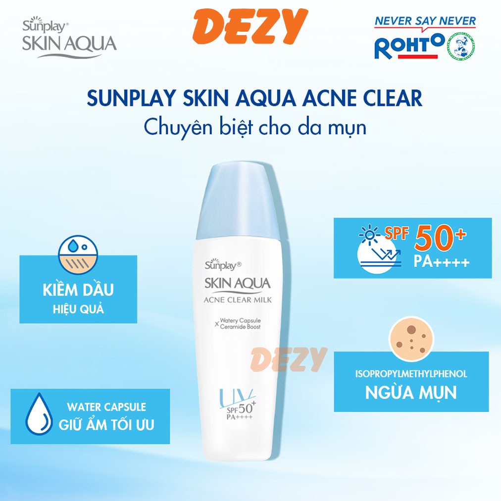 Kem Chống Nắng Skin Aqua Nắp Xanh Cho DA MỤN Acne Clear White - Kcn Sunplay Rohto Nhật Dưỡng Ẩm Da Mụn Da Nhạy Cảm Dezy