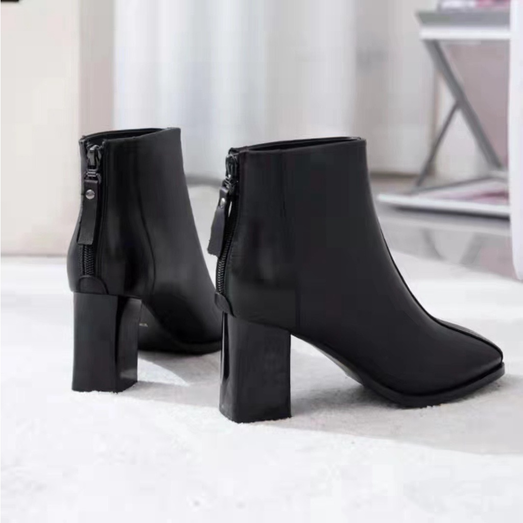 Giày bốt thời trang nữ QC ❤️FREESHIP❤️ Boots thấp cổ kéo khoá sau da mềm mũi vuông gót vuông 7cm 826-5
