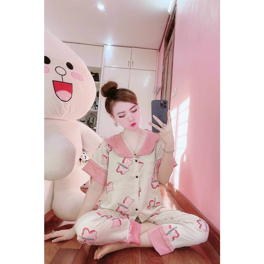 Bộ Pijama lụa mặc nhà nữ cổ sen họa tiết cộc tay quần dài