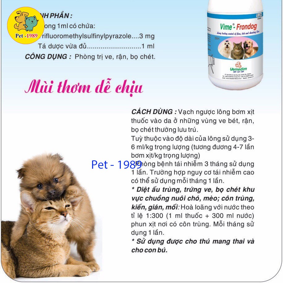 Vime Frondog 250ml  Xịt Chống Ve, Bọ Chét ở Chó Mèo An Toàn Hiệu Quả Cho Cả Chó Mèo Mang Thai