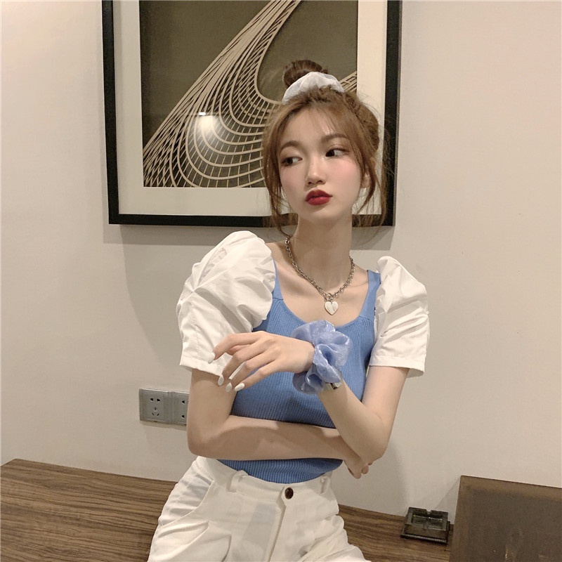 Áo thun ZHELIHANGFEI tay ngắn phồng cổ vuông phong cách phương Tây thời trang mùa hè cho nữ